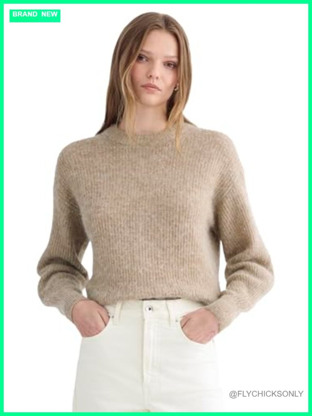 Alpaca Blend Ribbed Knit Relaxed Cocoon Crewneck Pullover Sweater